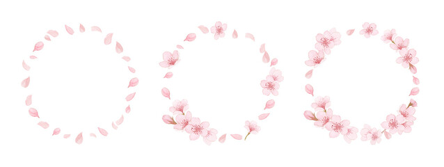 Watercolor cherry blossom wreath and round frame set. Hand-painted pink sakura petals and flower circles for spring wedding and logo design.-300dpi-