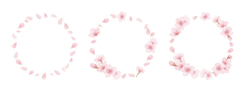 Watercolor cherry blossom wreath and round frame set. Hand-painted pink sakura petals and flower circles for spring wedding, logo design and invitation. Transparent background PNG clipart. 300dpi.