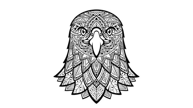 Eagle head zentangle stylized, freehand pencil, ink, hand drawn, pattern. Zen art. Ornate. Lace. Coloring. Black and white image. Eagle head front mandala zentangle coloring. 2d flat animation