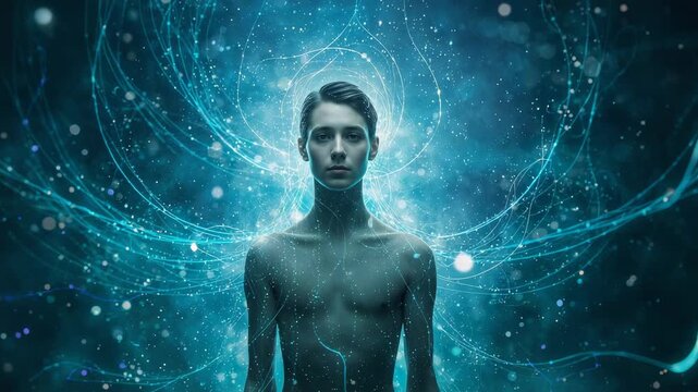 Standing bare-chested adolescent male facing abstract teal-blue background as filaments brightening
