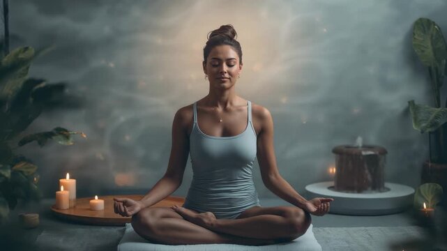 Breathing woman in light-blue tank and shorts deepening practice in studio as halo glowing, candles