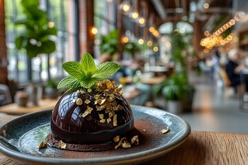 Gourmet chocolate mousse dome with gold leaf and mint in sunny upscale restaurant