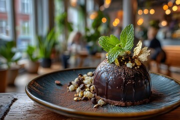 Gourmet chocolate mousse dome with gold leaf and mint in sunny upscale restaurant