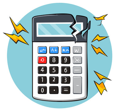 Cartoon Broken Calculator Surrounded by Lightning Bolts Showing Financial Stress