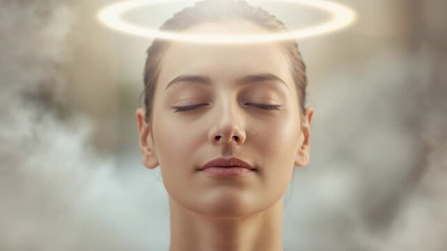 Glowing halo appearing above woman, model holding calm bare-shouldered pose in studio, fog drifting