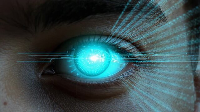 Receiving pulse, left ocular region powering up ocular implant in lab, emitting HUD beams to test