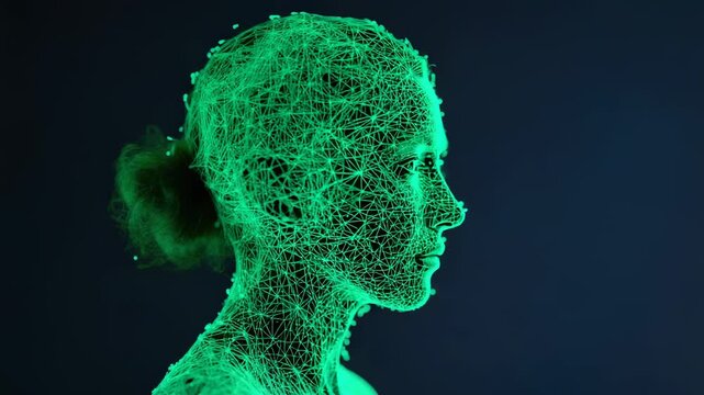 Starting animation showing female wireframe head intensifying on blue backdrop, with glowing nodes