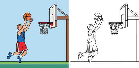 Basketball player jumping and shooting ball into hoop vector illustration, split color and outline design for coloring book page or sports concept. © SHOHAG