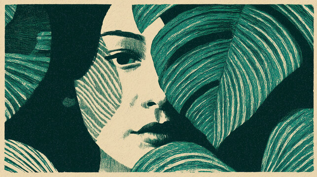 Artistic Linocut Style Woman Portrait Peeking Through Monstera Leaves &ndash; Botanical Fashion Print on Natural Paper