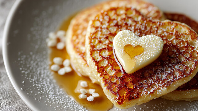 Heart-Shaped Butter on Pancake with Maple Syrup and Icing Sugar &ndash; Close-Up Tasty Pancake Day Treat