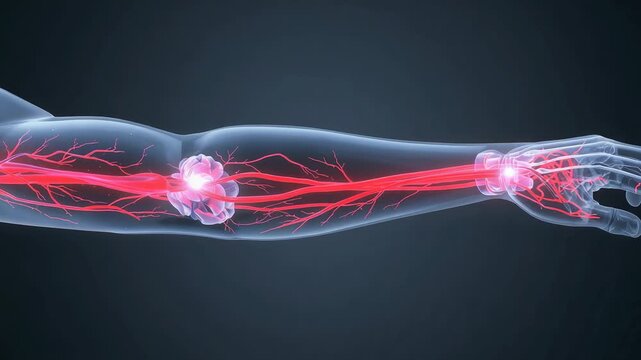 Pulsing translucent right arm sending light from shoulder to wrist in studio, highlighting vessels