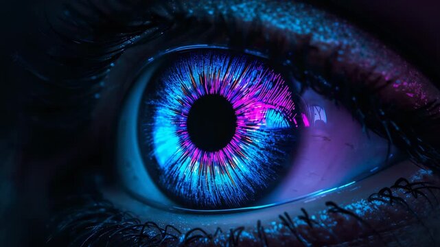 Recording camera filming human eye after lighting pulse, showing neon iris patterns for study