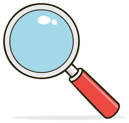 Cartoon magnifying glass with a red handle and blue lens for search, find, and discovery concepts
