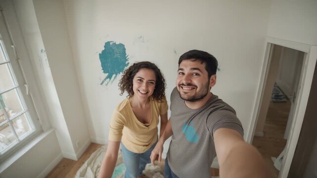 Smiling couple posing for selfie, man holding phone overhead on dropcloth at home, stained shirts