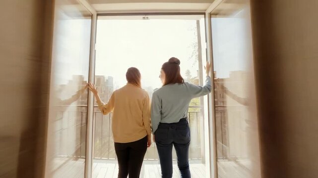 Moving women in leggings, tops holding doors stepping to apt balcony rail as sun pours, boxes