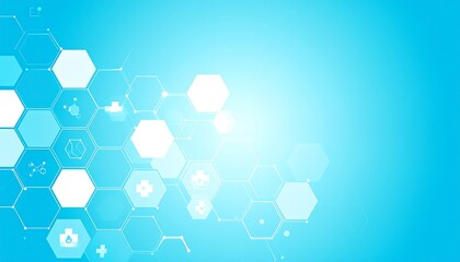 Abstract medical background with hexagons and health icons, modern design.