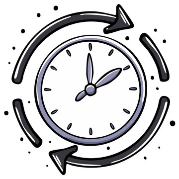Clock surrounded by rotation arrows, symbolizing repeat process, time loop, recycle concept, repeating tasks, workflow and cycles