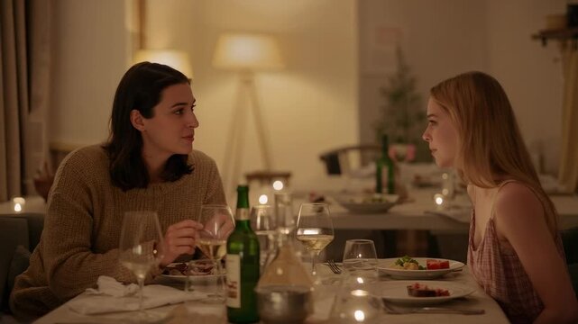 Talking two women at home table, left-sweater holding-fork smiling right sleeveless dress listening
