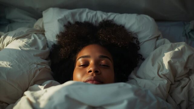 Waking woman opening eyes and blinking in bed, responding to morning light under white comforter
