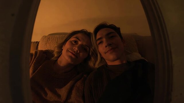 Leaning couple in knit, dark tops shifting heads closer on couch as camera frames oval rim