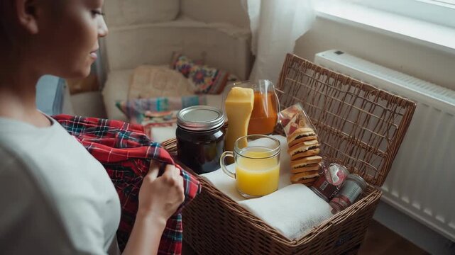 Approaching woman in long-sleeve top pulling plaid cloth by window, preparing hamper with juice jam