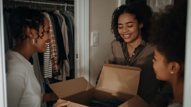 Cardboard box opening drawing three relatives leaning into closet doorway, inspecting folded fabric