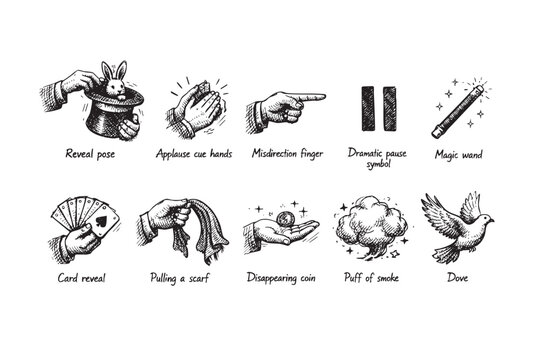 Set of hand-drawn magic tricks doodles on white, including bunny in hat, clapping, dove, wand and more, ideal for design materials.