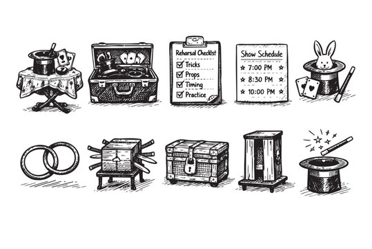 Black and white illustration of magician's show preparation, rehearsal checklist, trunk with props, schedules and magic items for entertainment.