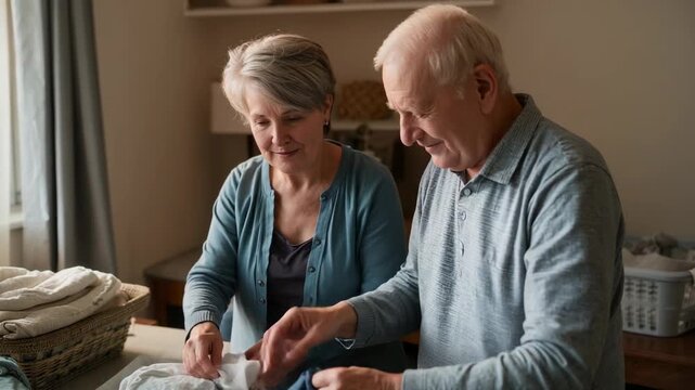 Folding senior couple finding unfolded pile, sorting towels and clothes at home nook, teal cardigan