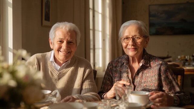 Smiling couple reacting to camera framing at dining table wearing sweater and blouse holding teacup