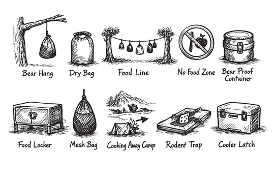 A sketch of camping food storage options like bear hangs, dry bags, and bear proof containers, depicted in black and white line art.