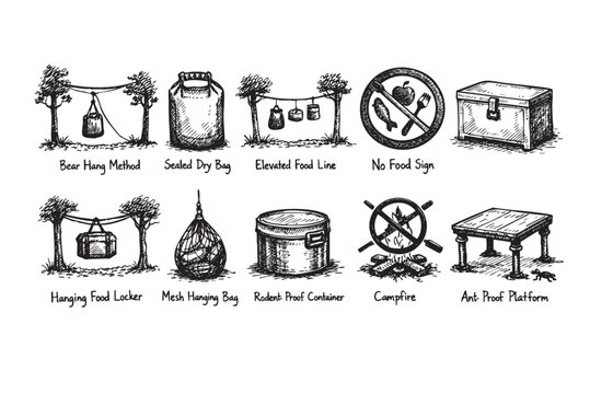 Hand-drawn sketches showcase secure camping food storage, emphasizing protection from bears, rodents, and insects through various methods like hanging bags and sealed containers.