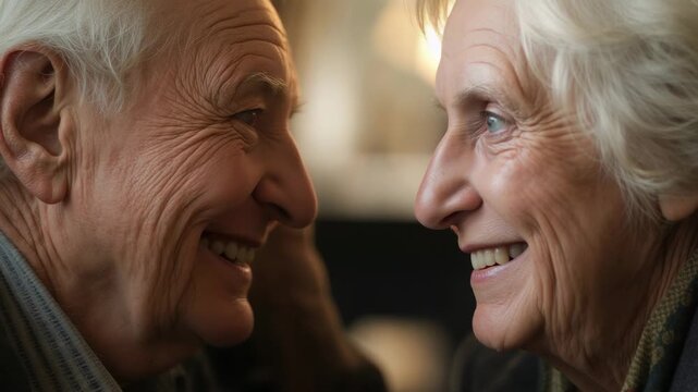 Smiling seniors leaning closer in cozy living room, gaze sparking affection, scarf, patterned shirt