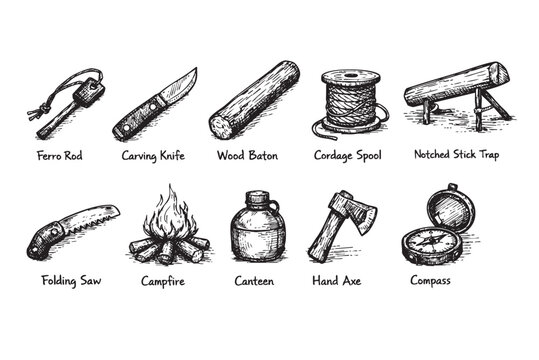 Illustration featuring ferro rod, knife, wood, rope, trap, saw, fire, canteen, axe, compass, set on a white background, great for outdoor, nature, or survival guides.