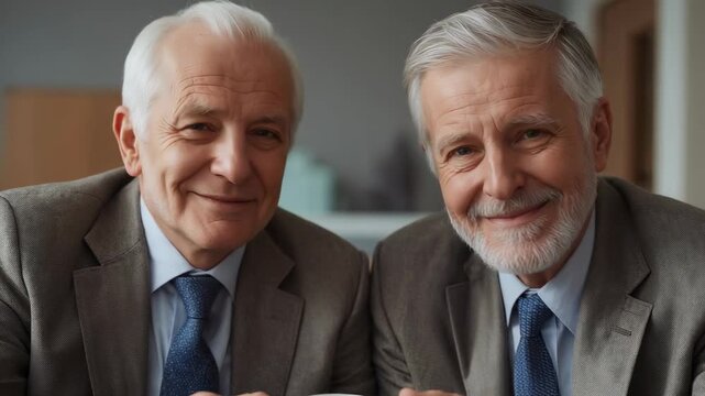Smiling, two men in grey suits sharing white ceramic mug and coffee moment in office lounge
