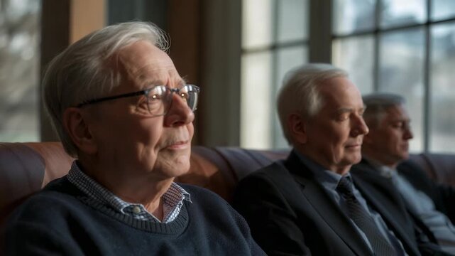 Relaxing senior man eyes closing, nodding on sofa by window light lulling, with sweater, glasses