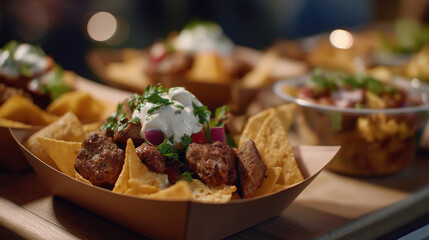 A promotional event featuring a lineup of food stalls, each serving multiple types of fast food, such as kebabs and nachos, illustrating the vibrant fast food scene and culinary innovation.