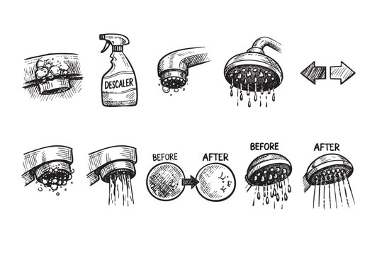 Black and white illustration depicting the before and after process of using a descaler to clean fixtures and improve water flow.