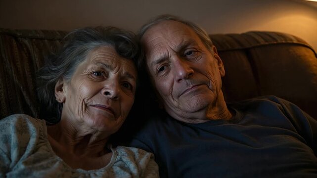 Sitting senior couple leather couch, warm lamp lulling, woman smiling, man blinking then drifting