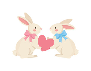 Two cute bunnies holding a heart. Vector couple of rabbits for Valentines Day. Love concept