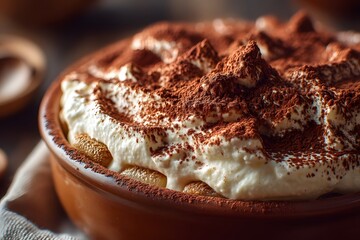 Rustic Homemade Tiramisu Served in an Earthy Ceramic Bowl with Whipped Mascarpone and Cocoa Dusting