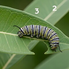 Naklejka premium Monarch caterpillar with black white and yellow stripes on green leaf insect larva milkweed d