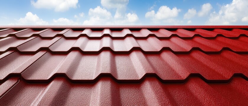 Close-up view of red roof tiles under blue sky on sunny day showcasing architectural detail and texture in residential construction - Powered by Adobe