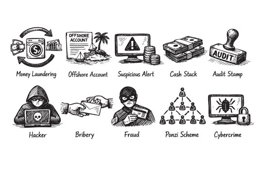 Hand-drawn vector illustration displaying various types of financial crimes and scams like money laundering, fraud, bribery, and cybercrime.