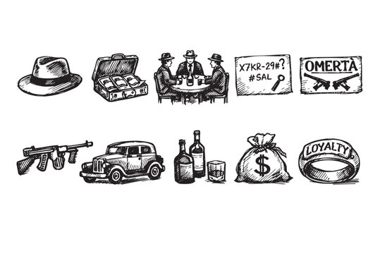 Collection of black and white sketched gangster themed icons isolated on a white backdrop, perfect for crime or vintage themes.