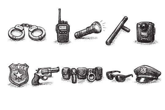 A hand-drawn sketch illustration depicts police officer equipment: handcuffs, radio, flashlight, baton, body cam, badge, gun, belt, sunglasses, and hat.