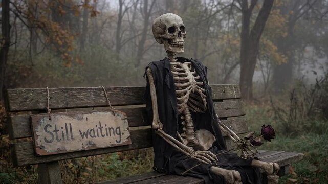 Tightening camera skeleton in tattered robe on bench in fog wilted rose emphasizing Still waiting