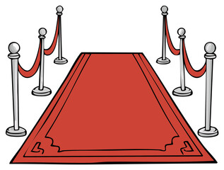 Hand-drawn cartoon illustration of a VIP red carpet entrance with silver stanchions and ropes.