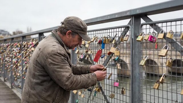 Holding small padlock, leaning man in weathered cap manipulating lock on mesh railing, fastening