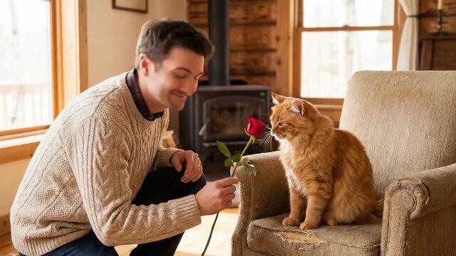 Kneeling man offering red rose to tabby on armchair, cat nibbling bloom, showing affection at home